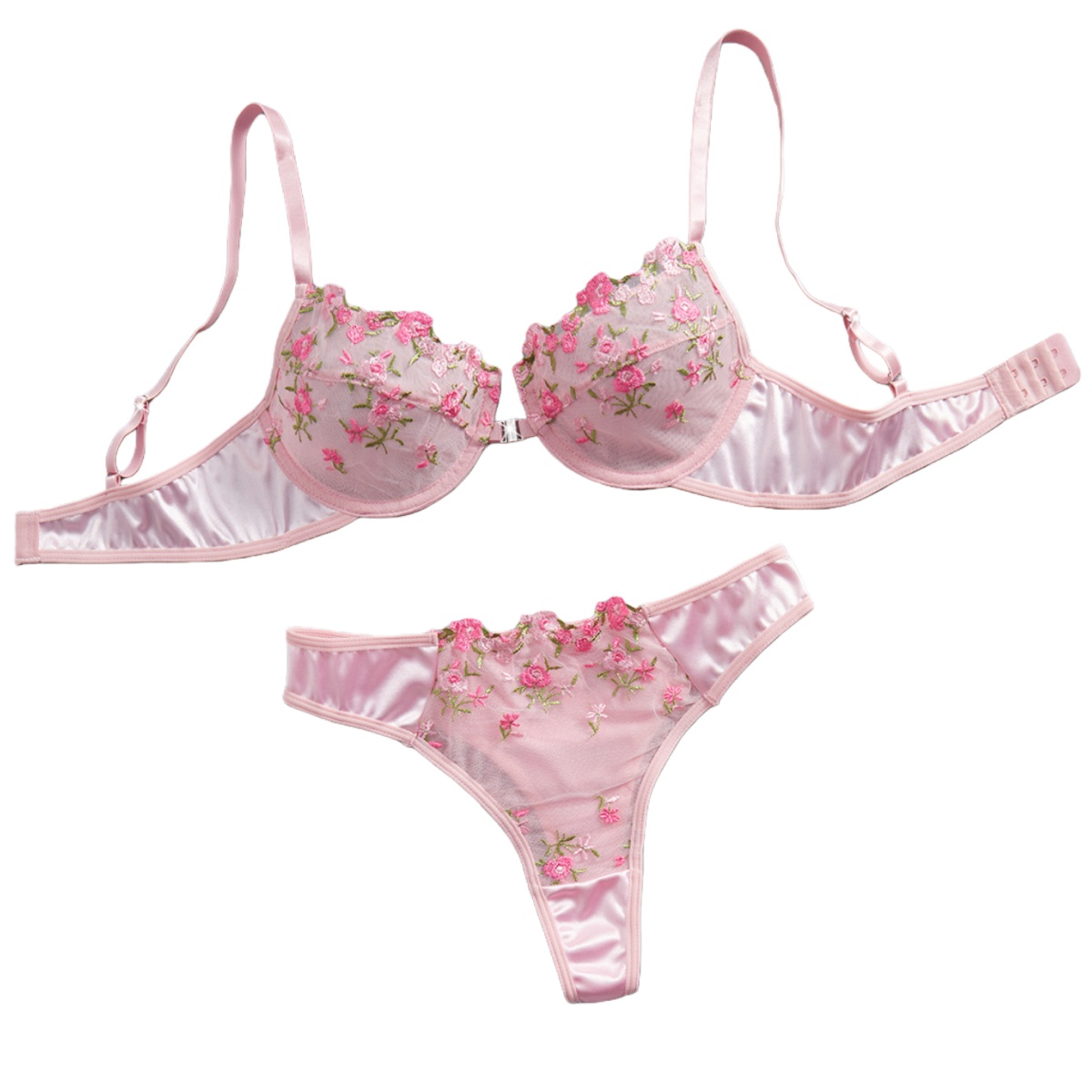 Sheer Mesh Bra - Rosa Blumenstickerei-Dessous-Set, 2-teilig, Bügel, halbtransparenter Vorderverschluss